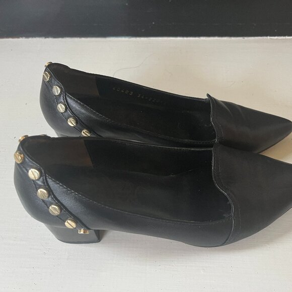Women Black Leather Hand Made Pointed Toe Loafer with Metal screw decor Size 34 - Picture 3 of 5